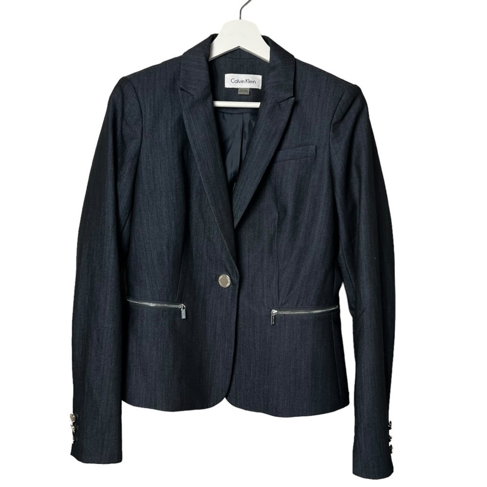 Calvin Klein Women’s Rany Blazer  Shoulder Pads & Zip PKT SZ 4 Dark Navy Blue